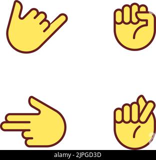 Friendly and aggressive gestures pixel perfect RGB color icons set Stock Vector