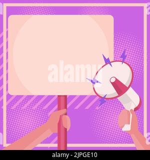 Illustration Of Hand Holding Megaphone Pointing At Blank Plaque In Hand. Palm Drawing Using A Bullhorn Giving Powerful Great New Advertisement. Stock Vector