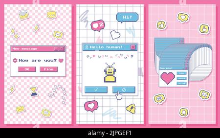 Set of vector vertical banners, social media stories templates in old-school nostalgic Y2K vaporwave style. Retro aesthetics, 90s old pc user interfac Stock Vector