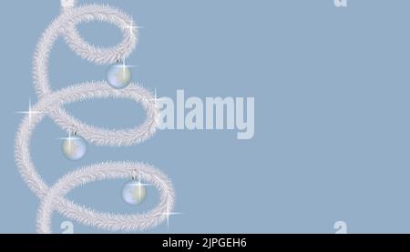 Merry Christmas and Happy New Year 2023 banner blue with tinsel and balls, glitter, sparks, shine. Vector illustration Stock Vector