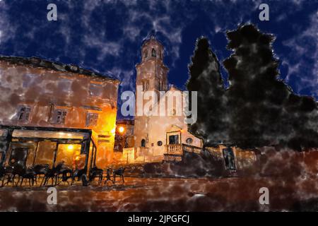 Town Cavtat at night. Watercolor style image. Stock Photo