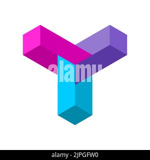 Colorful Y logo template. Infinite geometric shape. 3D letter Y made of blocks. Three rectangles optical illusion. Penrose Esher Impossible figure.