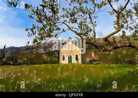 Old church near Cavtat. Watercolor style image. Stock Photo