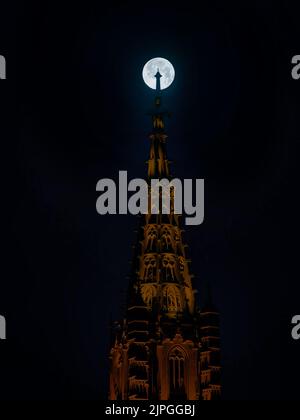 A vertical shot of the Cologne Cathedral under the full moon at night Stock Photo
