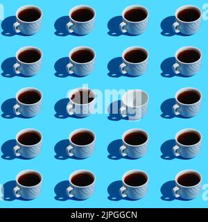 Seamless pattern of cups full of coffee and one empty cup with hard shadows on blue background Stock Photo