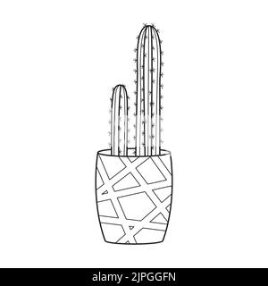 Vector outline cactus in pot. Indoor succulent plant with thorns. Cacti for home and interior. Botanical doodle linear black and white illustration is Stock Vector