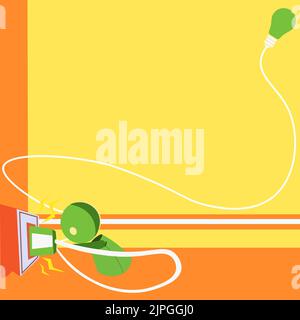 Robot Drawing Fixing Socket With Lightbulb In Corner. Robotic Man Taking Care Of Plug With Glowing Bulb On Side And Presenting Important Message. Stock Vector