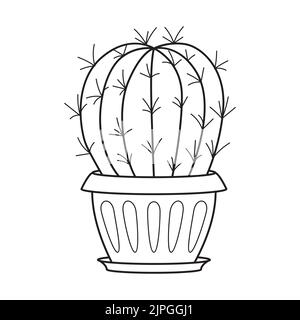 Vector outline cactus in pot. Indoor succulent plant with thorns. Cacti for home and interior. Botanical doodle linear black and white illustration is Stock Vector