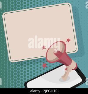 Megaphone Displaying Important Message. Object Announcing News Bulletin Board Pointing Arrow Presenting Announcement Information Exhibiting Detailed Stock Vector