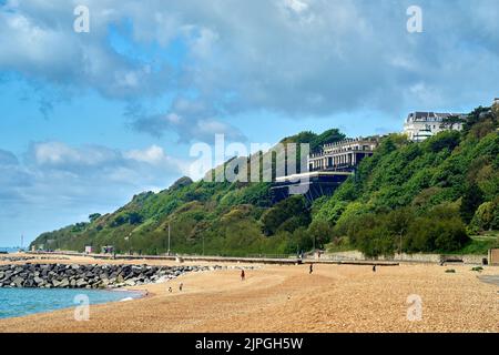 A viewed from the sandy beach at the Leas Cliff Hall in Folkestone, UK Stock Photo