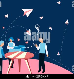 Colleagues Thinking New Innovative Ideas Around Table. Three People Discussing Recent Updates. Executives Reasoning Current Original Data Over Desk. Stock Vector