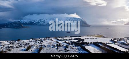 The island of Godøy in winter, Sunnmøre, Møre og Romsdal, Norway. Stock Photo