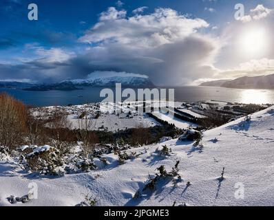 The island of Godøy in winter, Sunnmøre, Møre og Romsdal, Norway. Stock Photo