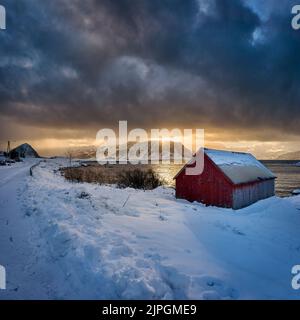 The island of Godøy in winter, Sunnmøre, Møre og Romsdal, Norway. Stock Photo