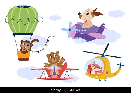 Cute animals in aircrafts. Happy characters flying by airplane, helicopter and balloon in sky. Funny pilot fox, dog, monkey and bear driving plane. Set of cartoon air transport with smiling aviators. Stock Vector