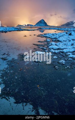 The island of Godøy in winter, Sunnmøre, Møre og Romsdal, Norway. Stock Photo