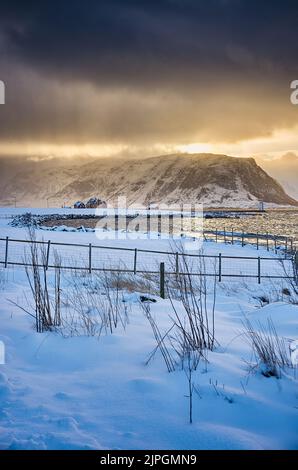 The island of Godøy in winter, Sunnmøre, Møre og Romsdal, Norway. Stock Photo