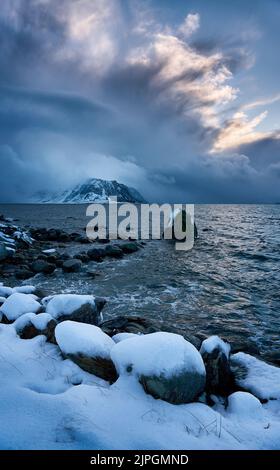 The island of Godøy in winter, Sunnmøre, Møre og Romsdal, Norway. Stock Photo