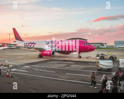 Wizz air in Luton England.Wizzair is a low-cost carrier based in Hungary Stock Photo