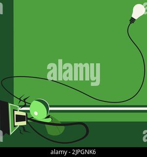 Robot Drawing Fixing Socket With Lightbulb In Corner. Robotic Man Taking Care Of Plug With Glowing Bulb On Side And Presenting Important Message. Stock Vector