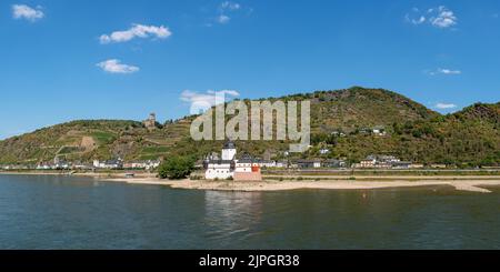 KAUB, GERMANY - AUGUST 13, 2022: Drought in Germany, low water on Rhine river on August 13, 2022 in Kaub, Germany Stock Photo