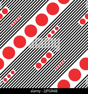 Seamless Diagonal Stripe and Circle Pattern. Vector Black and Red Background Stock Vector