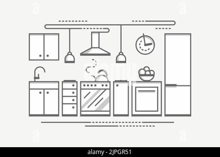 Monochrome Kitchen Interior Design. Flat Style Vector Illustration. Minimal Thin Line Template. Stock Vector