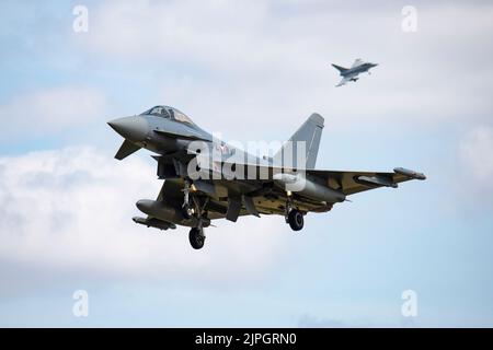 Two Eurofighter Typoon Jets from the Austrian Air Force arrive at RAF Fairford in Gloucestershire England to participate in the RIAT Stock Photo