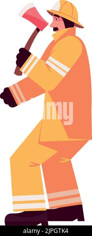 illustration of a fireman firefighter holding ax and fire hose set ...