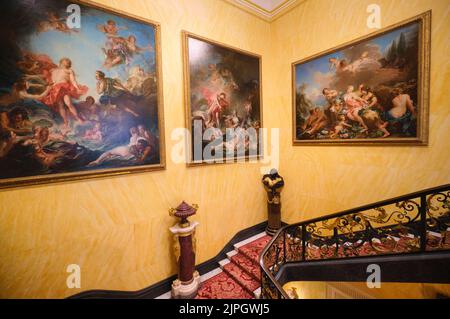 The grand staircase, decorated with allegorical Old Master paintings. At the Wallace Collection Museum in London, England, United Kingdom. Stock Photo