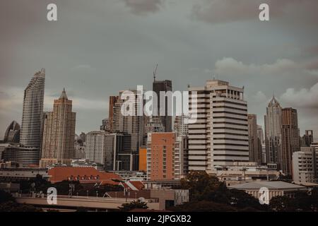 Bangkok, Thailand - Aug 14, 2022 : Architectural view of skyscrapers at bangkok city. Beautiful of Modern high-rise buildings and Geometric of buildin Stock Photo