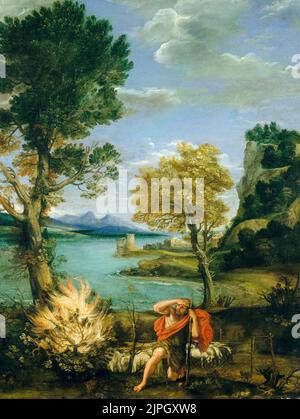 Domenico Zampieri called Domenichino, Landscape with Moses and the Burning Bush, painting in oil on copper, 1610-1616 Stock Photo