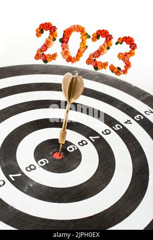 Golden dart in the middle of black and white concentric circles target, with 2023 number on top. New years goals concept. Stock Photo