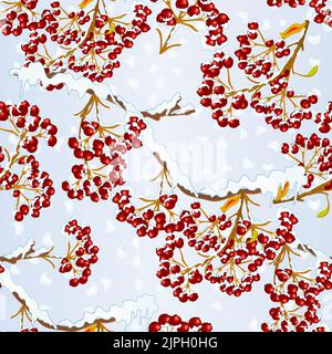 Seamless texture rowan red berries on branch covered with snow seasonal sale advertising element vintage vector illustration editable hand draw Stock Vector
