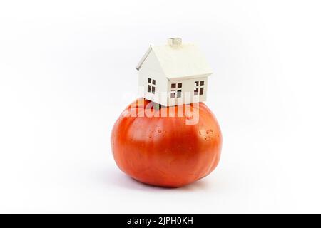 Miniature model house on a red tomato. Minimal organic food concept, isolated on white background. Stock Photo