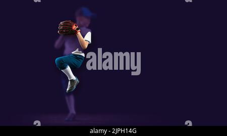 Flyer. Blurring effect portrait of sportive kid, beginner baseball player in sports uniform playing baseball. Concept of sport, achievements Stock Photo