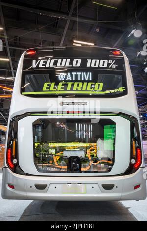 Electric vehicle Marcopolo Attivi Padron on display at the LAT.BUS 2022 exposition, held in the city of São Paulo. Stock Photo