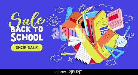 Open school backpack with flying books, pencils and stationery. Vector flat cartoon illustration. Study and education concept. Back to school sale ban Stock Vector