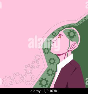 Creative Minds Combining Ideas Creating Innovative Strategies Displaying Teamwork. Heads With Cogwheels Representing Combined Effort Producing Stock Vector