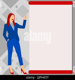 Businesslady Pointing Finger Empty Drawboard Representing Planning Future Projects. Woman Points Blank Board Demonstrating Latest Plan Newest Stock Vector