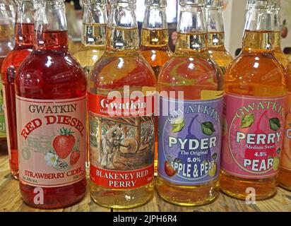 Different varieties of Gwatkin cider, on sale at their stall at Hereford butter market - Red Diesel, Blakeney Red Perry, Pyder, Stock Photo