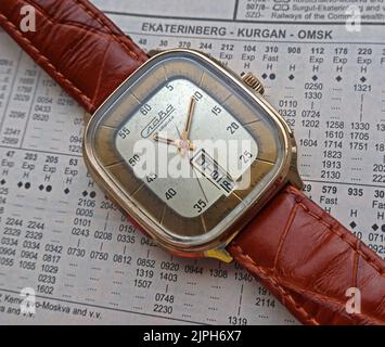 Slava Fridge watch - Product of the Soviet Russia Moscow Second watch factory 1975, with day/date in Russian Stock Photo