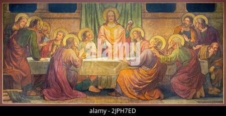 BERN, SWITZERLAND - JUNY 27, 2022: The fresco of Last Supper in the church Dreifaltigkeitskirche by August Müller (1923). Stock Photo