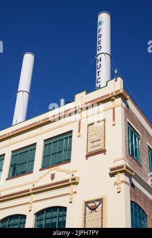 Seattle - August 14, 2022; Name on smoke stack at Fred Hutch Cancer Research Center on the former landmark Lake Union Steam Plant in Seattle Stock Photo