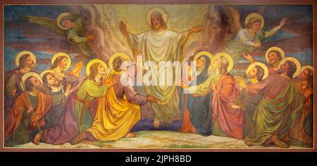 BERN, SWITZERLAND - JUNY 27, 2022: The fresco of Ascension of the Lord in the church Dreifaltigkeitskirche by August Müller (1923). Stock Photo