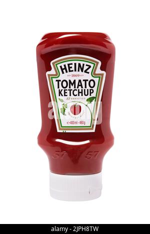 Heinz tomato ketchup sauce in plastic squeezable bottle. Studio shot on white cut out Stock Photo