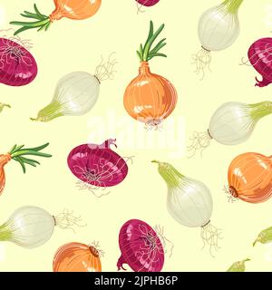 Multicolored pattern of onions of different varieties on a light yellow background for print and design.Vector illustration. Stock Vector