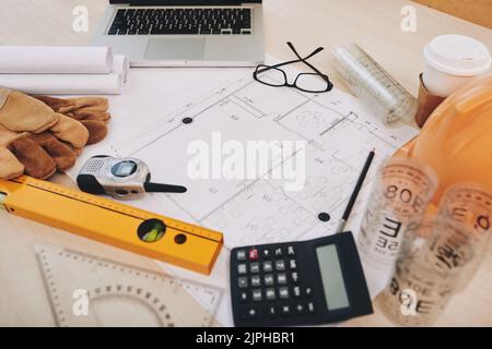 Blueprint and constrution tools on table of engineer Stock Photo