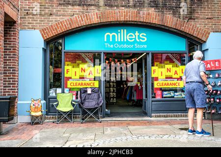 Dorking, Surrey Hills, London UK, August 18 2022, Millets High Street Retail Camping And Outdoor Equipment Shop Closing Down Stock Photo
