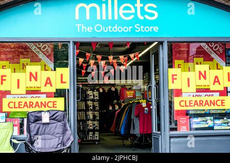 Dorking, Surrey Hills, London UK, August 18 2022, Millets High Street Retail Camping And Outdoor Equipment Shop Closing Down Stock Photo